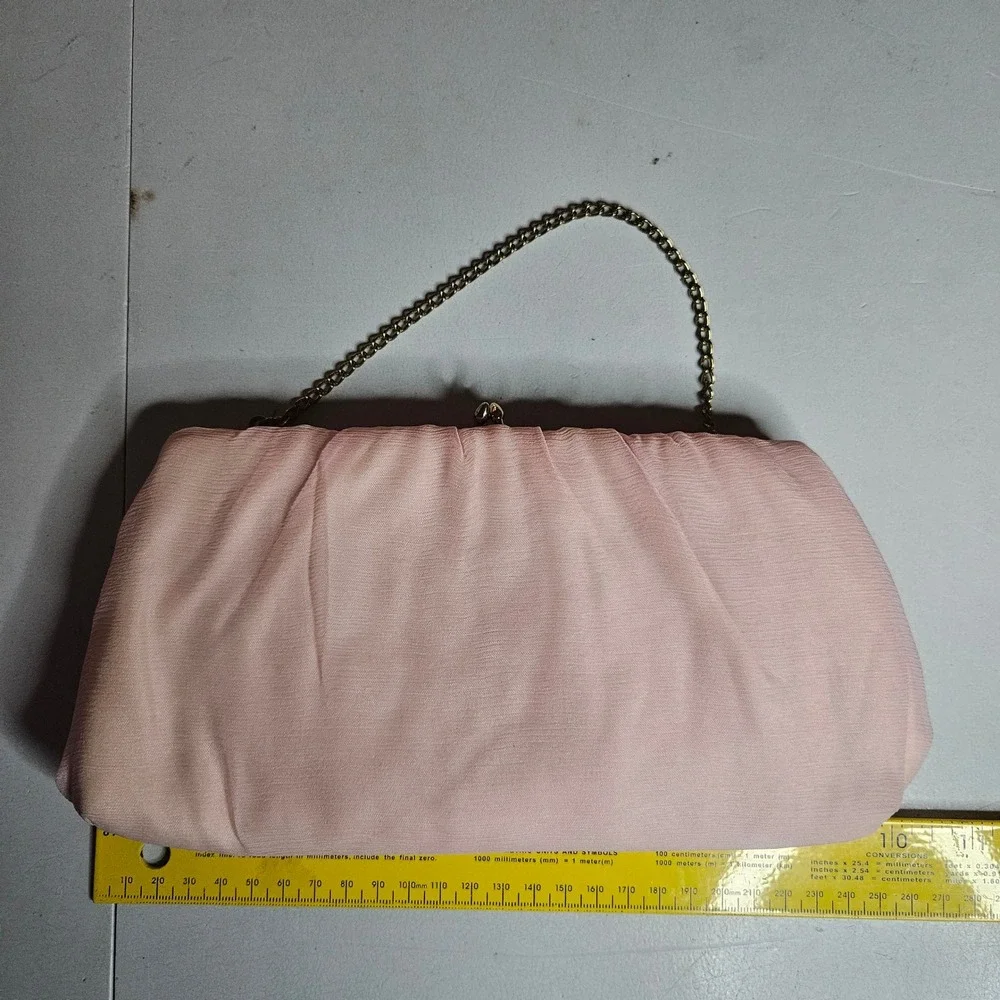 Vintage HL USA Blush Pink Chiffon Evening Clutch Bag Gold Chain Strap Wedding